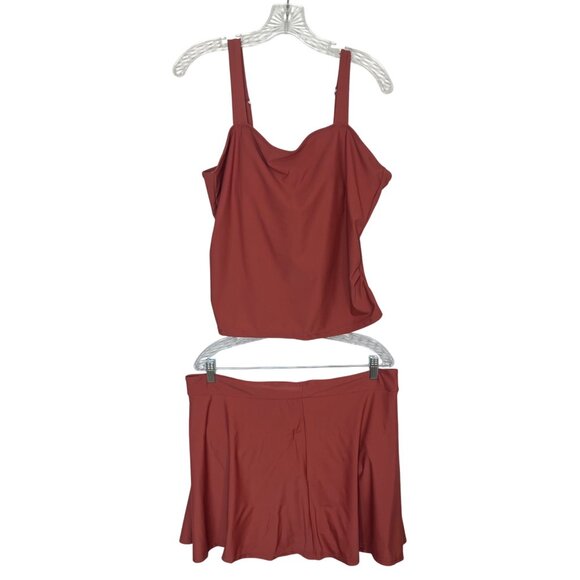 Two Piece Swimsuit Set Padded Top Flared Skirt Womens 3XL Rust Red New WOT - Picture 1 of 10